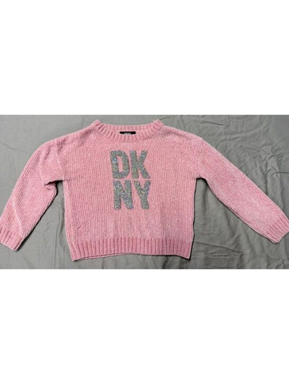 DKNY Girls Pink Chenille Sparkle Logo Sweater